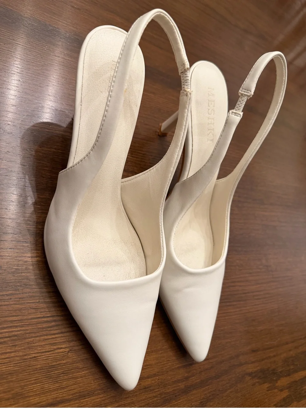 Meshki Cream Slingback Pointed-Toe Mid Heels